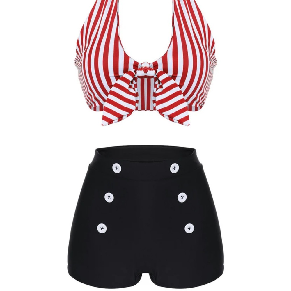 Retro Stage boy short bikini with stripe top red, black